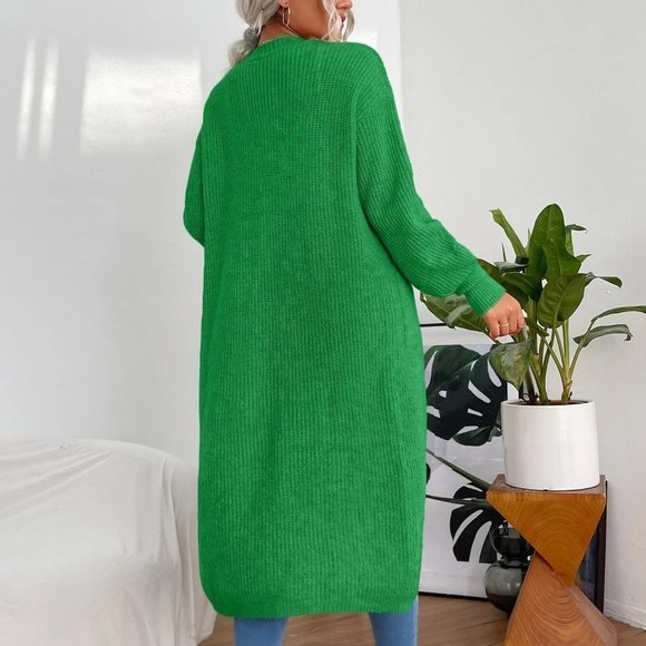 Casually Comfy Double Pocket Drop Shoulder Duster Cardigan green - Picture 2 of 5
